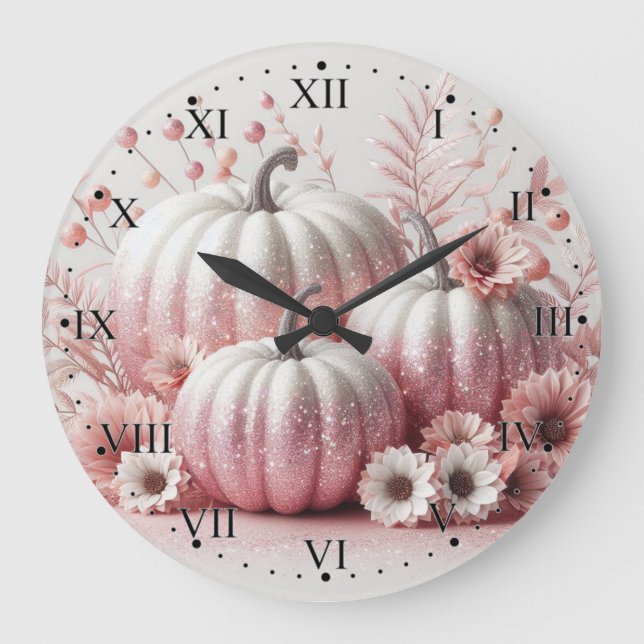 Pink Pumpkins und Blume mit römischen Zahlen Große Wanduhr (Vorderseite)