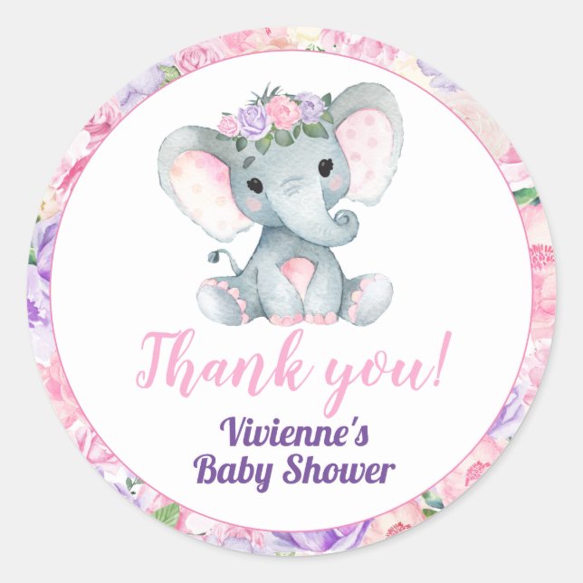 Pink Puprle Elephant Floral Sticker Vielen Dank Ta (Vorderseite)