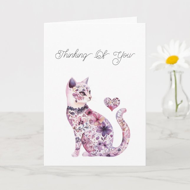 Pink Purple Blush Floral Heart Cat Thinking of you Karte (Kleine Pflanze)