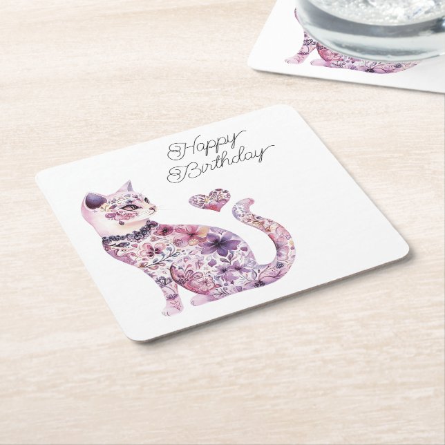 Pink Purple Blush Flowers Heart Love Cat Birthday Rechteckiger Pappuntersetzer (angewinkelt)