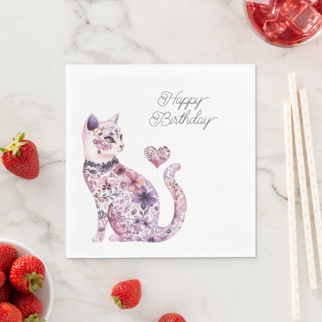 Pink Purple Blush Flowers Heart Love Cat Birthday Serviette (Beispiel)