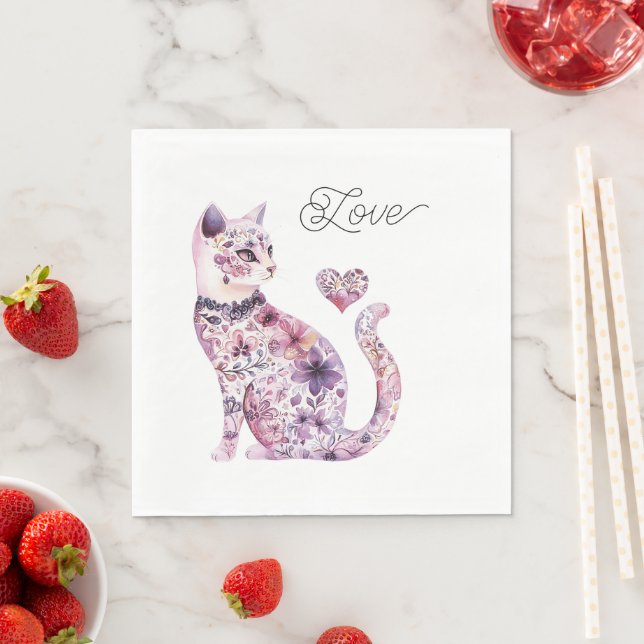 Pink Purple Blush Flowers Heart Love Cat Birthday Serviette (Beispiel)