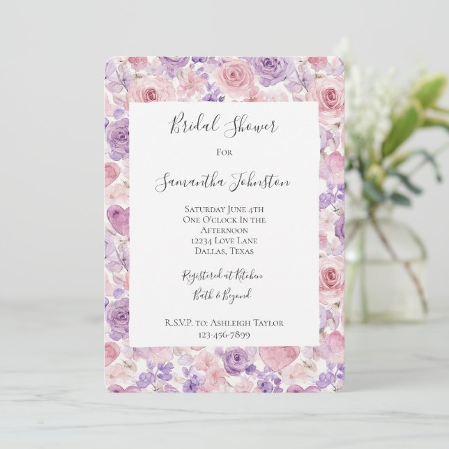 Pink Purple Blush Flowers Hearts Bridal Shower Einladung (Stehend Vorderseite)