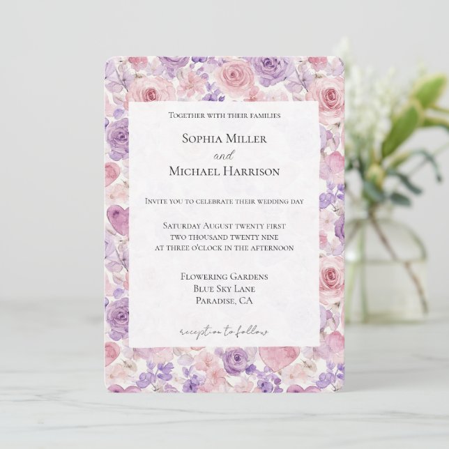 Pink Purple Blush Flowers Hearts Wedding Einladung (Stehend Vorderseite)
