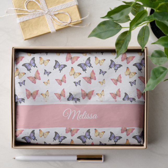 Pink Purple Butterflies Custom Name Seidenpapier (Geschenk)