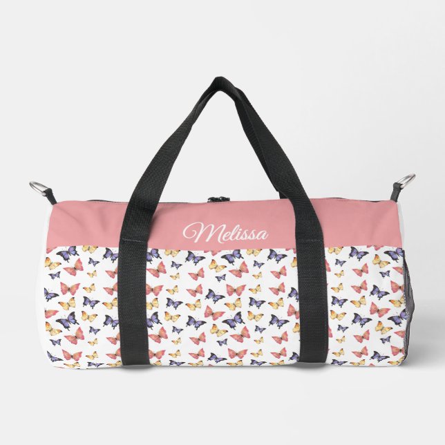 Pink Purple Butterflies Monogram Name Duffel Bag Duffle Bag (Vorderseite)