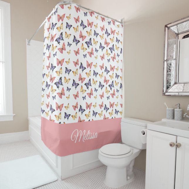 Pink Purple Butterflies Monogram Name Duschvorhang (Beispiel)