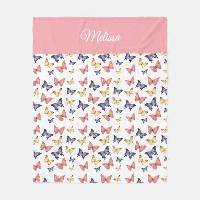 Pink Purple Butterflies Monogram Name Fleecedecke (Vorderseite)