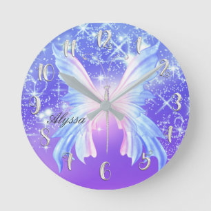 Pink Purple Butterfly Sparkle Girly Personalized Runde Wanduhr
