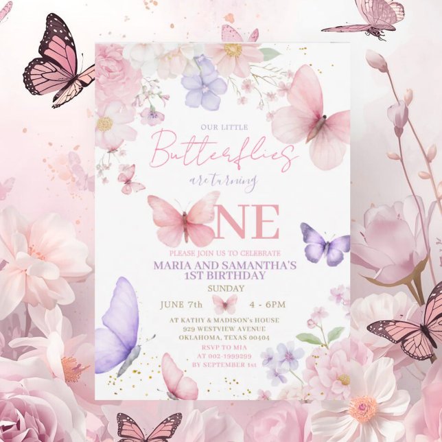 Pink Purple Cute Butterfly Twin Girl 1st Birthday Einladung (Von Creator hochgeladen)