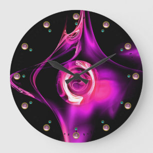 PINK PURPLE FRACTAL ROSE IN BLACK WITH GEMSTONES GROßE WANDUHR