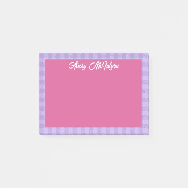Pink Purple Gingham Border Name In Cool Script Post-it Klebezettel (Vorderseite)