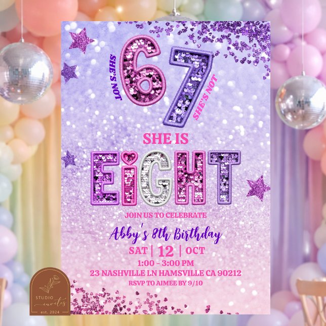 Pink Purple Glitter 67 Girl 8th Birthday PartY Einladung (Von Creator hochgeladen)