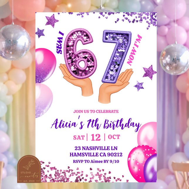 Pink Purple Glitter hand 67 Birthday Party Einladung (Von Creator hochgeladen)