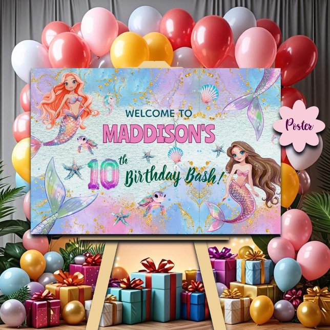 Pink Purple Glitter Mermaids 10th Birthday Welcome Poster (Von Creator hochgeladen)