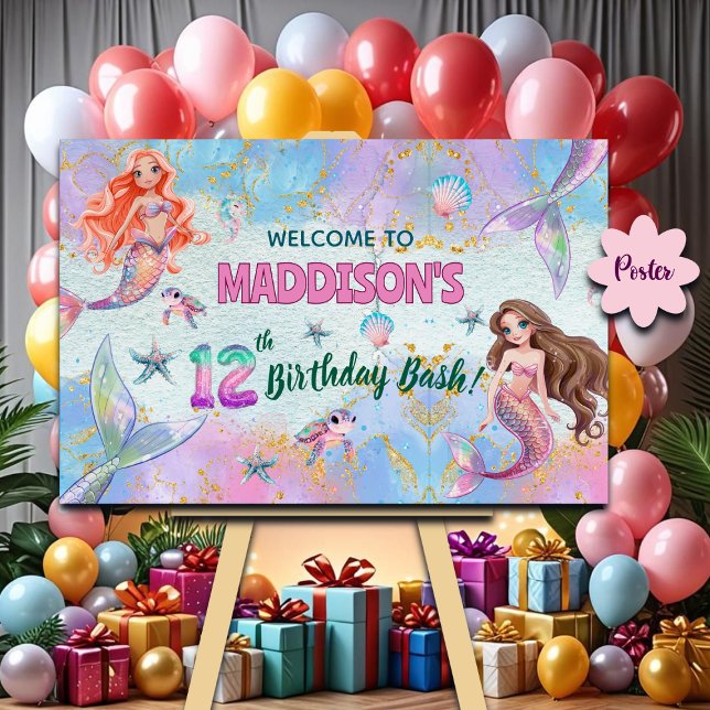 Pink Purple Glitter Mermaids 12th Birthday Welcome Poster (Von Creator hochgeladen)