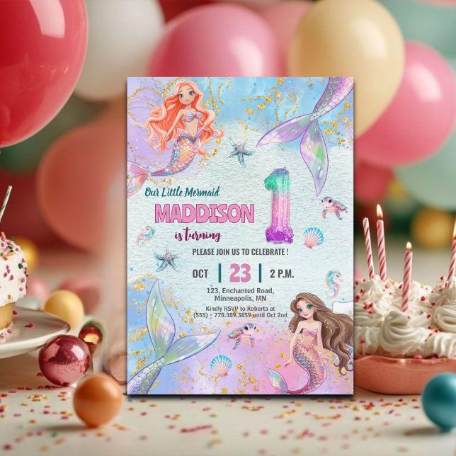 Pink Purple Glitter Mermaids 1st Birthday Party Einladung (Von Creator hochgeladen)