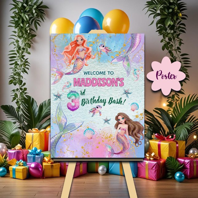 Pink Purple Glitter Mermaids 3rd Birthday Welcome Poster (Von Creator hochgeladen)