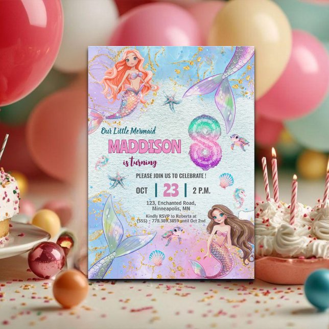 Pink Purple Glitter Mermaids 8th Birthday Party Einladung (Von Creator hochgeladen)