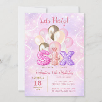 Pink Purple Glitter Six Balloon Birthday Party Einladung