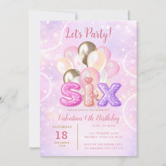Pink Purple Glitter Six Balloon Birthday Party Einladung (Vorderseite)
