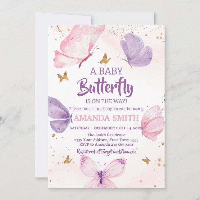  Pink Purple Gold Butterfly Baby Shower Einladung (Vorderseite)