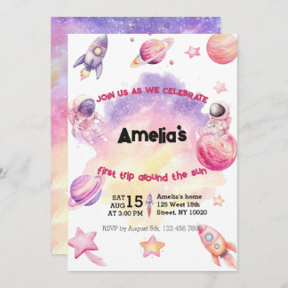 Pink Purple Planet Space First Trip Around the Sun Einladung
