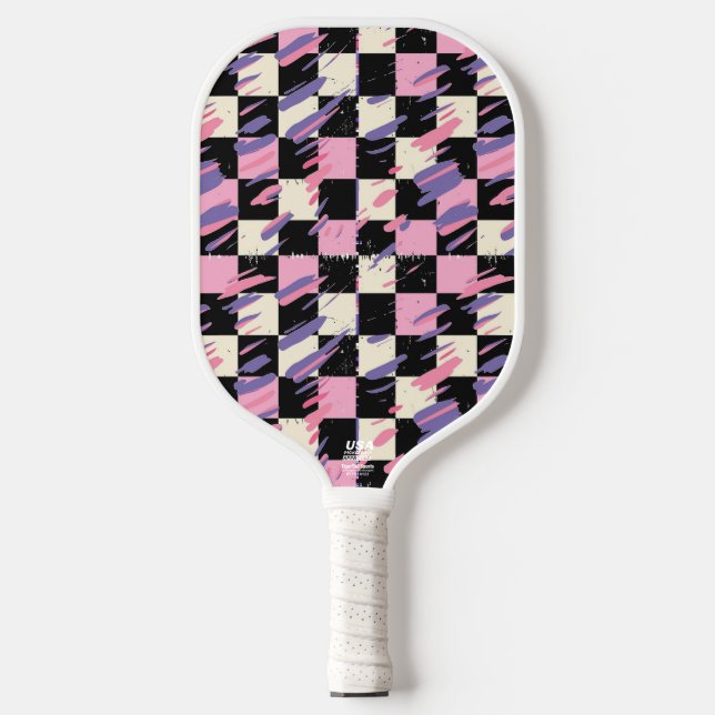 Pink & Purple Retro Checkered Pickleball Paddle (Vorderseite)