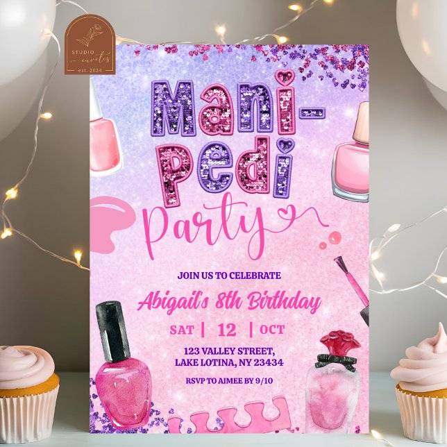 Pink Purple sequin MANI PEDI Party birthday  Einladung (Von Creator hochgeladen)