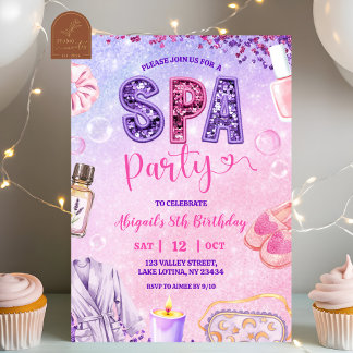 Pink Purple sequin SPA Party Birthday Einladung