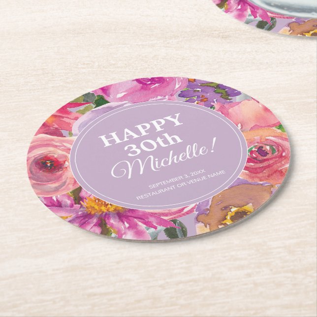 Pink Purple Watercolor Floral 30th Birthday Runder Pappuntersetzer (Angewinkelt)