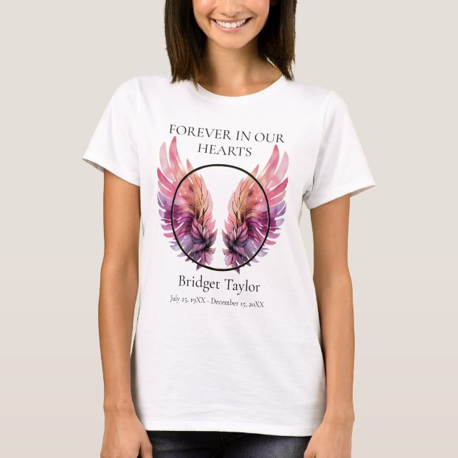 Pink & Purples Engel Wings Beerdigung Foto Gedenks T-Shirt (Vorderseite)