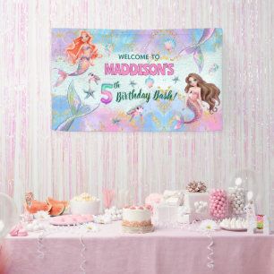Pink Purpur Glitzer Meerjungfrauen 5. Geburtstagsb Banner