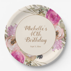 Pink Purpur Wasserfarbe Floral 40. Geburtstag Pappteller