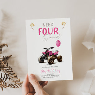 Pink Quad Bike 4. Geburtstag Einladung