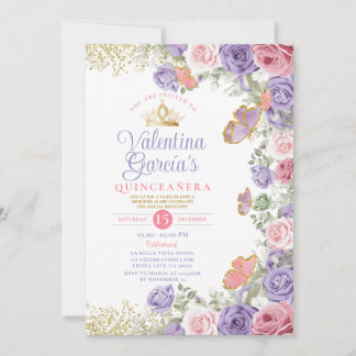 Pink Quinceañera 15 Anos Purple Blumen Goldkrone Einladung