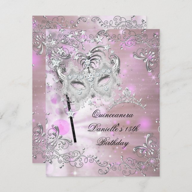 Pink Quinceanera 15. Geburtstag Tiara Masquerade Einladung (Vorne/Hinten)