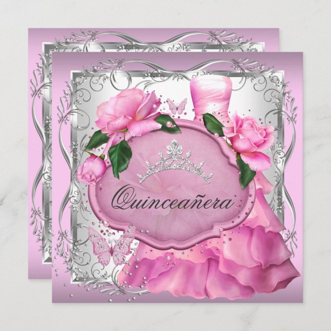 Pink Quinceanera 15. Party Rose Tiara Einladung (Vorne/Hinten)