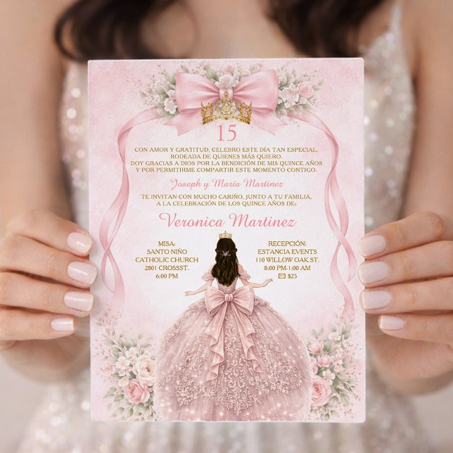 Pink Quinceañera Blush Bow Floral Sweet Einladung (Von Creator hochgeladen)