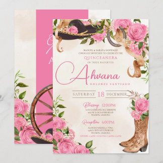 Pink Quinceañera Charro Western Rose Einladung