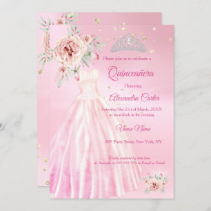 Pink Quinceanera Dress Tiara Floral Geburtstagspar Einladung