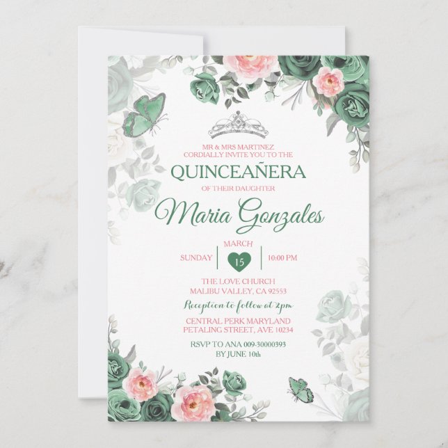 Pink Quinceañera Dusty Green Crown Butterfly Einladung (Vorderseite)