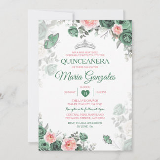 Pink Quinceañera Dusty Green Crown Butterfly Einladung