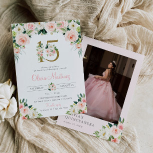 Pink Quinceañera Geburtstag Einladung Foto Blumen