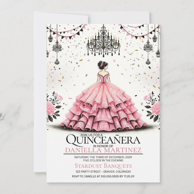 Pink Quinceañera Girl Einladung (Vorderseite)
