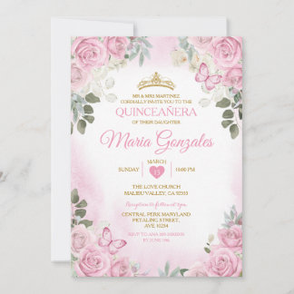 Pink Quinceañera Goldkrone Mexikos Schmetterling Einladung