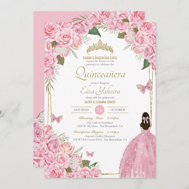 Pink Quinceanera Rose Quince Gown Butterfly Einladung (Vorne/Hinten)