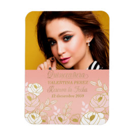 Pink Quinceanera Save the Date mit Gold Spanisch Magnet