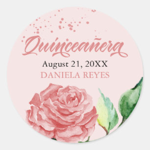 Pink Quinceanera Wasserfarbe Rose Blüte Custom Runder Aufkleber