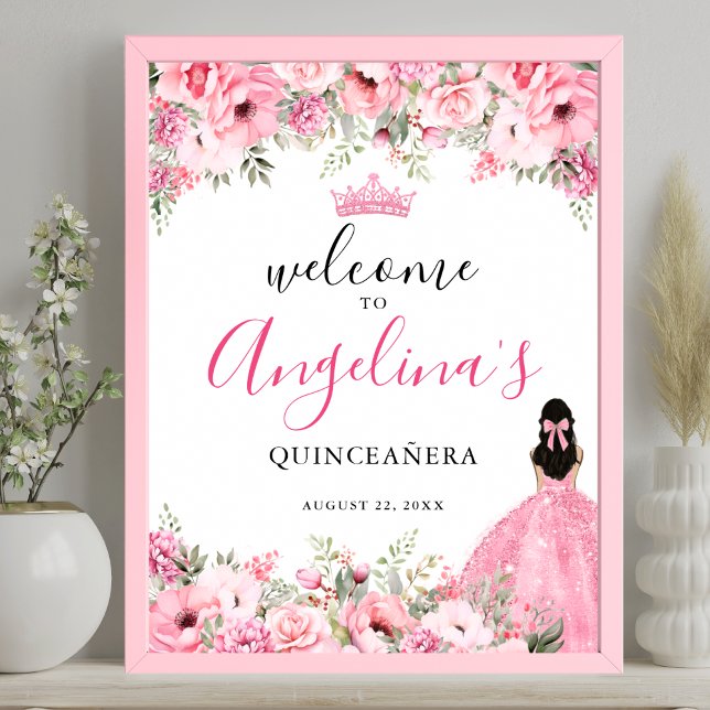 Pink Quinceanera Welcome Sign Poster (Pink Quinceanera Welcome Sign)